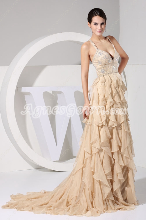 Stunning Low-cut Sweetheart Champagne Prom Dress With Beads 