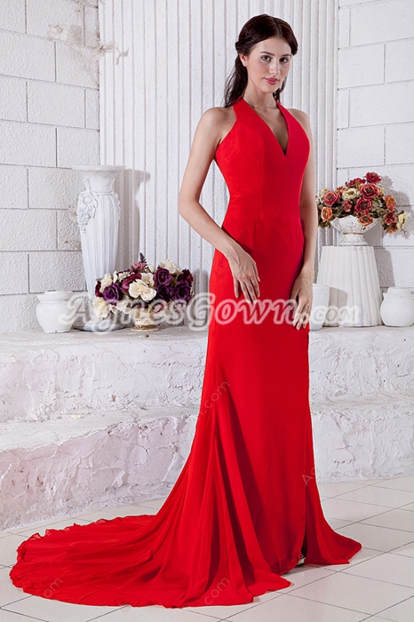 Glamour Sheath Halter Red Formal Evening Dress High Slit 