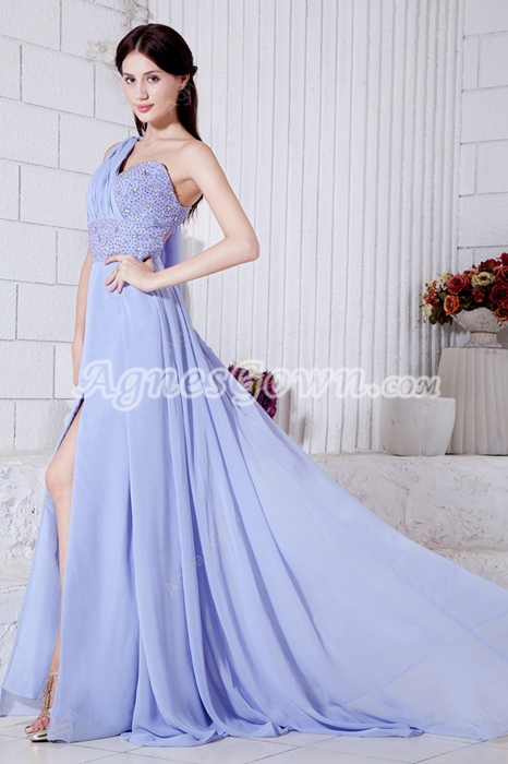Charming One Shoulder Lavender Chiffon Formal Evening Dress 
