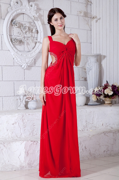 Crossed Straps Back A-line Red Chiffon Evening Dress 