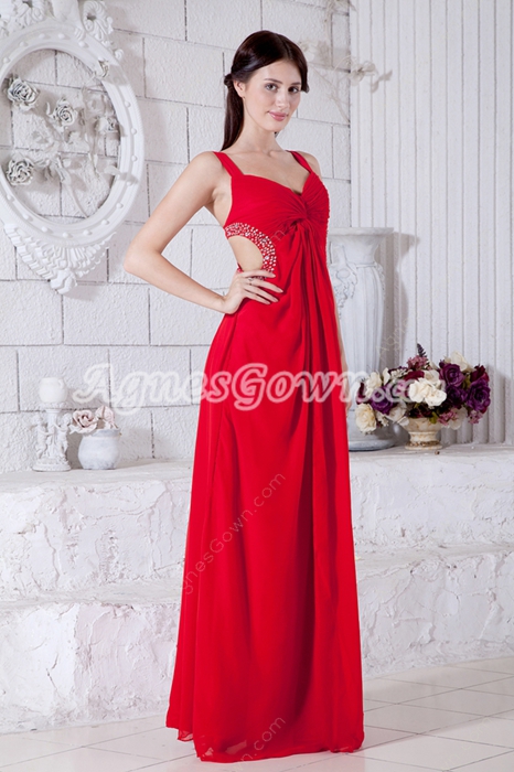 Crossed Straps Back A-line Red Chiffon Evening Dress 