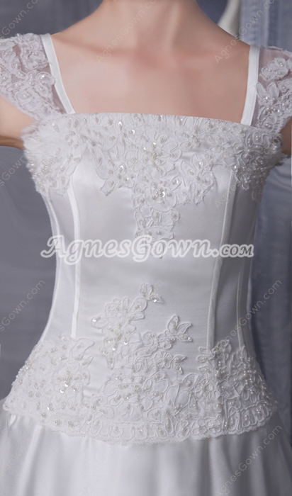 Exquisite Straps A-line Satin Wedding Dress With Lace Appliques 