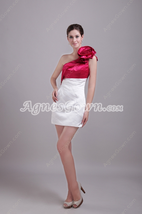 Modern Mini Length White & Fuchsia Satin Wedding Guest Dress 