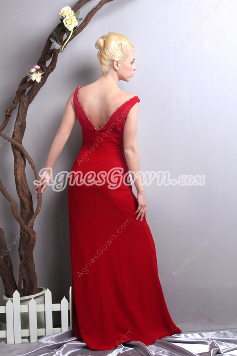 Delicate V-Neckline Red Chiffon Engagement Evening Dress 