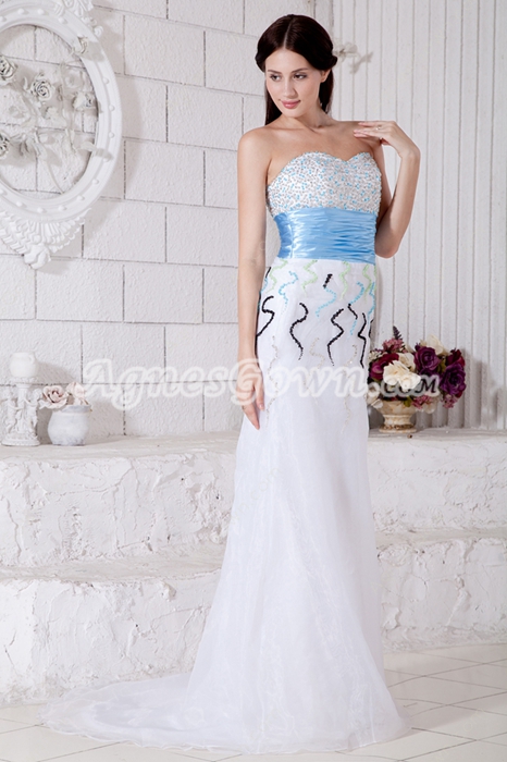Luxurious Beaded Prom Dress With Blue Sash 