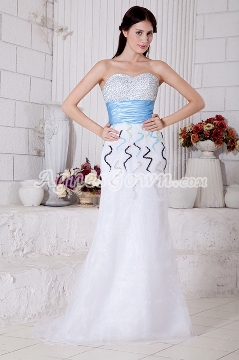 Luxurious Beaded Prom Dress With Blue Sash 