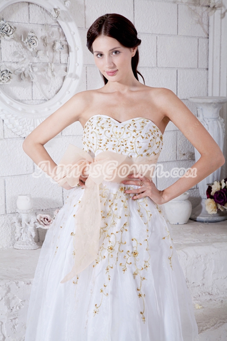 Pretty White Organza Princess Quince Dress With Gold Embroidery 