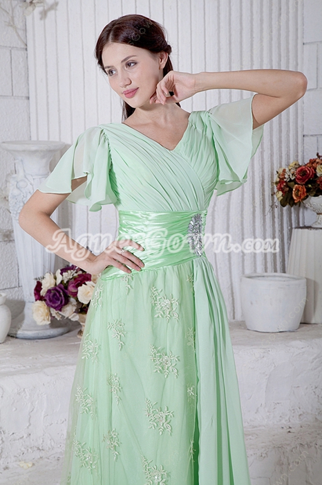 V-Neckline Short Sleeves Sage Colored Prom Dress With Lace