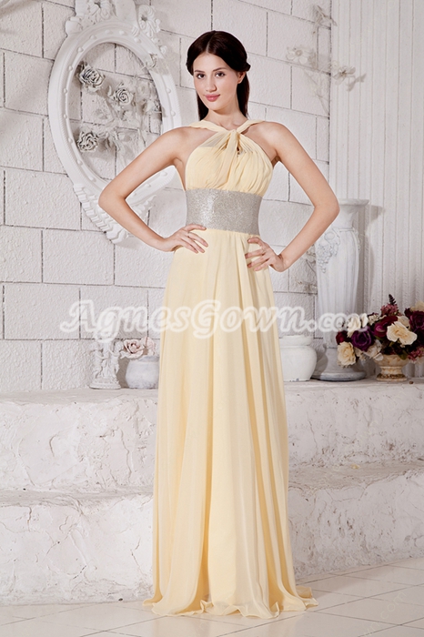 Jewel Neckline Yellow Chiffon Engagement Evening Dress With Beaded Sash 