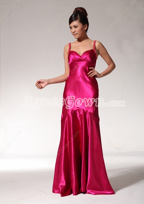 Lovely A-line Fuchsia Satin Formal Evening Dress With Beads 