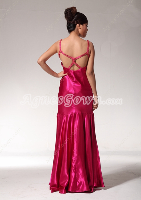 Lovely A-line Fuchsia Satin Formal Evening Dress With Beads 