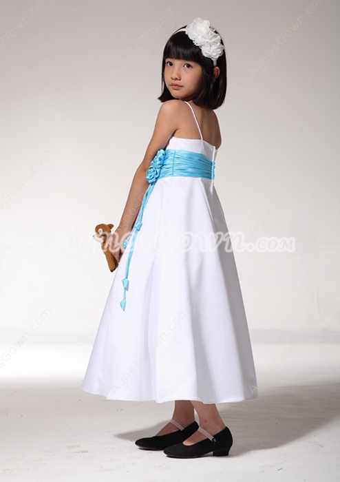Spaghetti Straps White And Blue Little Girls Pageant Dress 