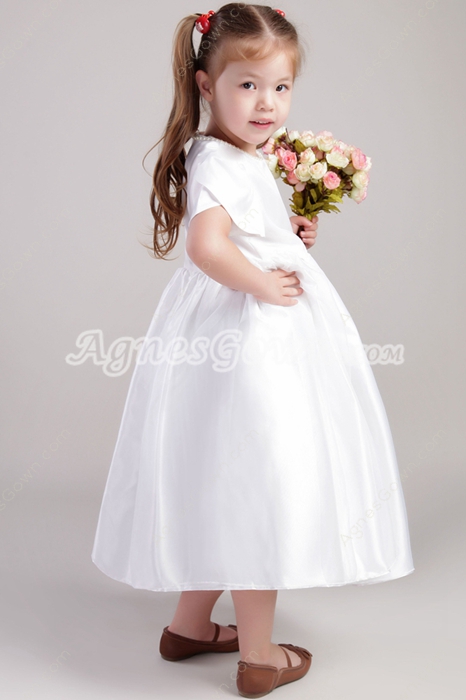 Short Sleeves Tea Length White Flower Girl Dress 