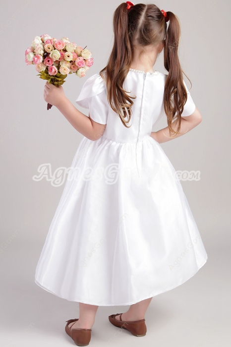 Short Sleeves Tea Length White Flower Girl Dress 