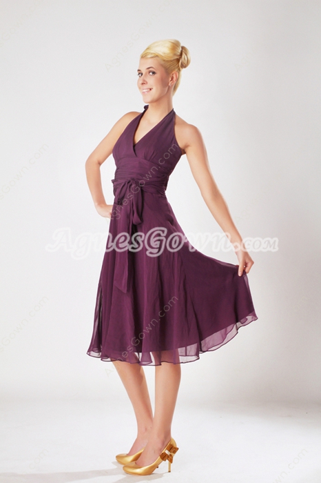 Chic Halter A-line Knee Length Purple Junior Bridesmaid Dress 