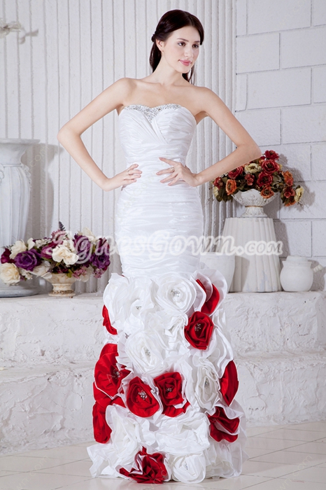 Impressive White & Red Taffeta Mermaid Floral Wedding Dress 