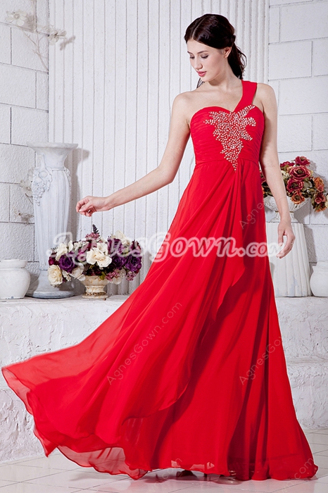 Delicate One Straps A-line Red Chiffon Formal Evening Dress 