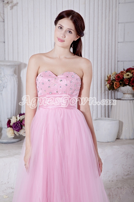 Lovely Sweetheart Pink Tulle Princess Quince Dress With Beads 