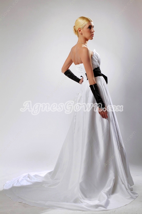 A-line White Satin Bridal Dress With Black Sash 