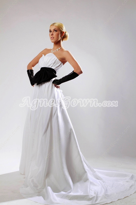 A-line White Satin Bridal Dress With Black Sash 