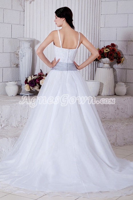 Spaghetti Straps White Organza Princess Wedding Dress With Silver Sash 