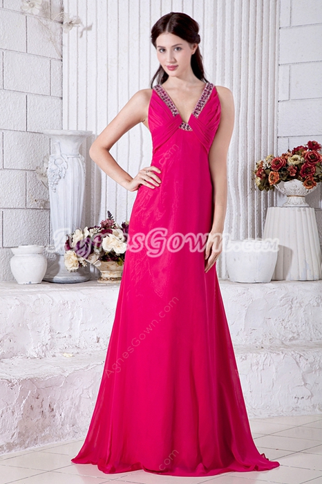 Pretty V-Neckline Fuchsia Chiffon Evening Dress 