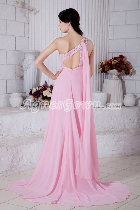 Sexy One Straps A-line Pink Chiffon Evening Dress Front Slit 