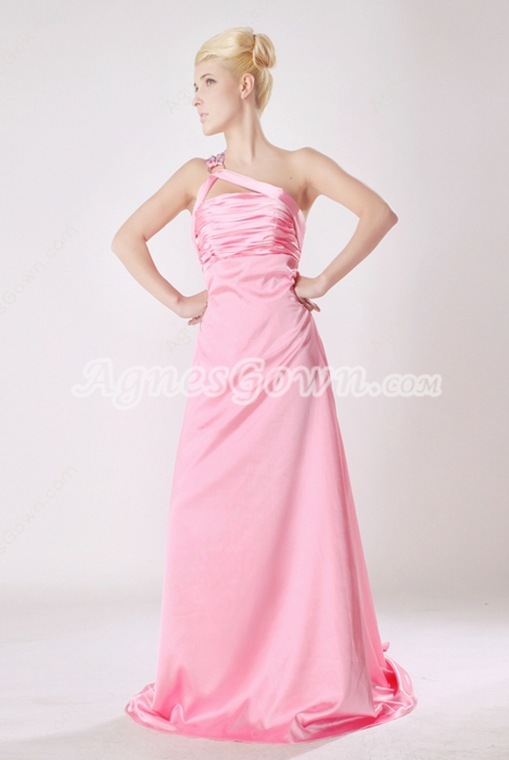 Stunning One Shoulder Pink Satin Formal Evening Dress 