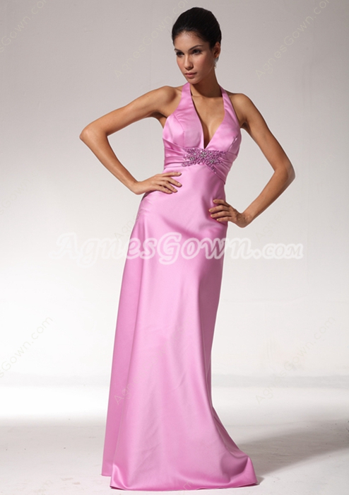 Backless Halter Pink Evening Dress 