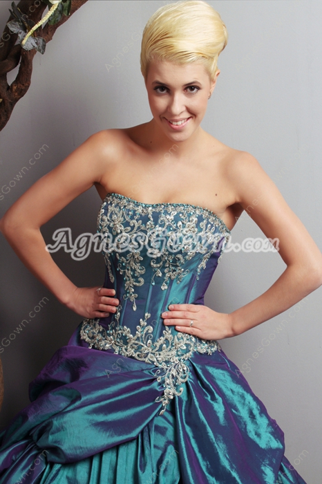Exquisite Ball Gown Teal Taffeta Quinceanera Dress With Lace 