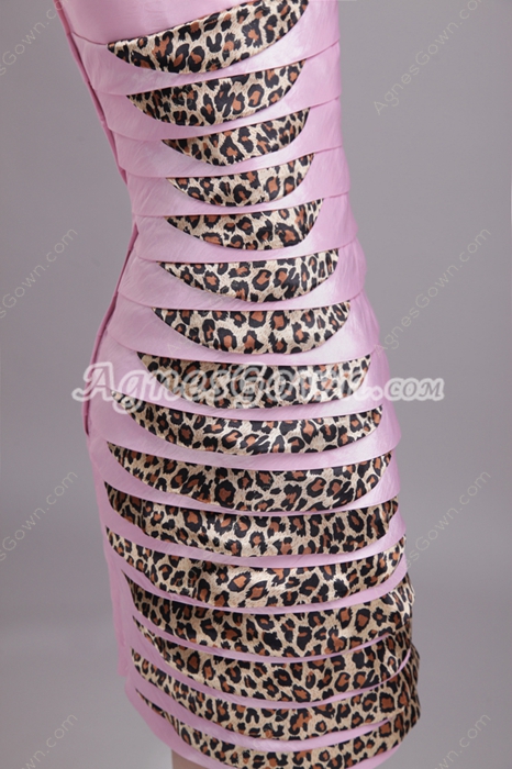 Pink And Leopard Taffeta Mini Length Wedding Guest Dress 