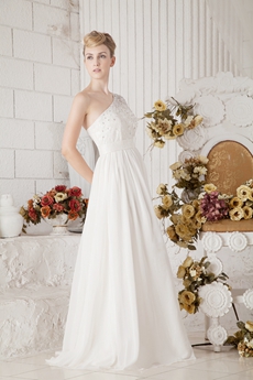 Exquisite One Straps White Chiffon Beach Wedding Gown With Beads 