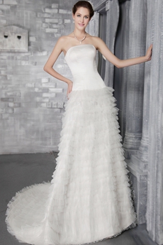 Strapless A-line White Tulle Multi Tiered Wedding Dress 