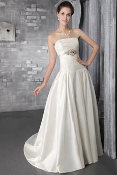Dropped Waist Satin And Lace Wedding Dress With Buttons 