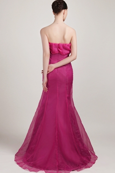 Pretty Strapless Fuchsia Organza Mermaid Prom Party Dress 