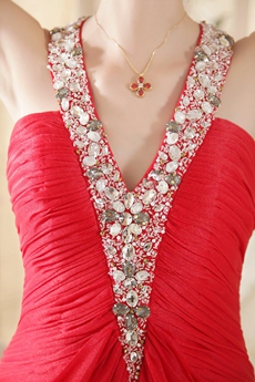V-neckline Halter Red Chiffon Celebrity Evening Gown 