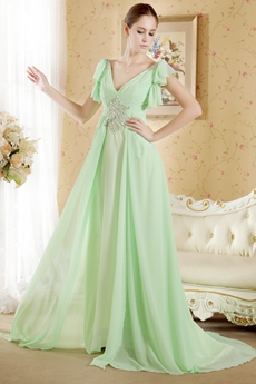 V-Neckline Sage Colored Chiffon Engagement Evening Dress 