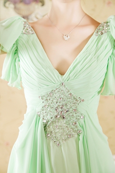 V-Neckline Sage Colored Chiffon Engagement Evening Dress 