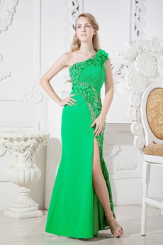 Impressive One Shoulder Emerald Green Evening Dress Side Slit 