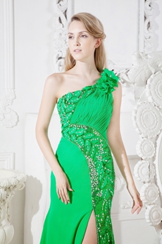 Impressive One Shoulder Emerald Green Evening Dress Side Slit 