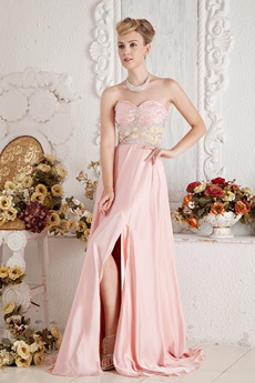 Sweet Pink Satin Prom Dress With Beads 