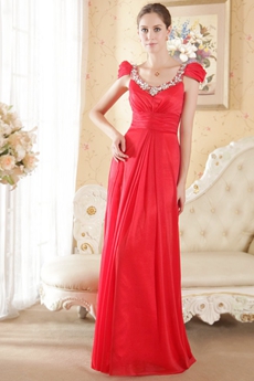 Unique Red Chiffon Evening Maxi Dresses With Cap Sleeves 