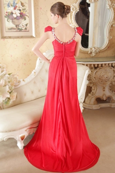 Unique Red Chiffon Evening Maxi Dresses With Cap Sleeves 
