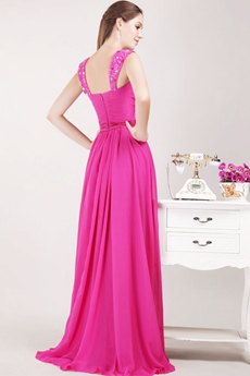Pretty Straps Fuchsia Chiffon Prom Party Dress With Beads 