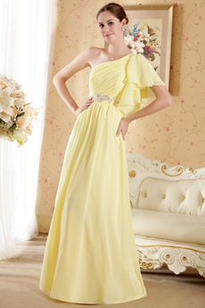 Pretty One Shoulder Short Sleeves Yellow Engagement Evening Dress 