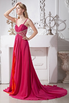 Multi Colored Fuchsia & Orange Chiffon Prom Party Dress 