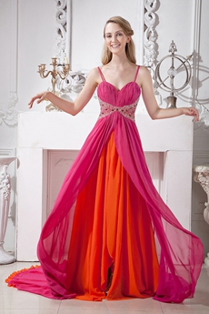 Multi Colored Fuchsia & Orange Chiffon Prom Party Dress 