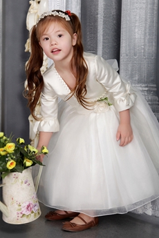 Modest Puffy Tea Length Little Flower Girl Dresses with 3/4 Sleeves