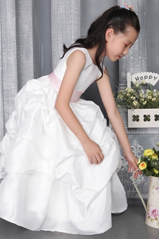 Tea Length White Taffeta Flower Girl Party Dress With Sash 