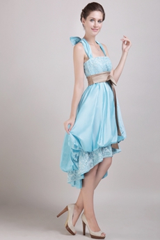 Sassy Top Halter High Low Blue Prom Dress With Sash 